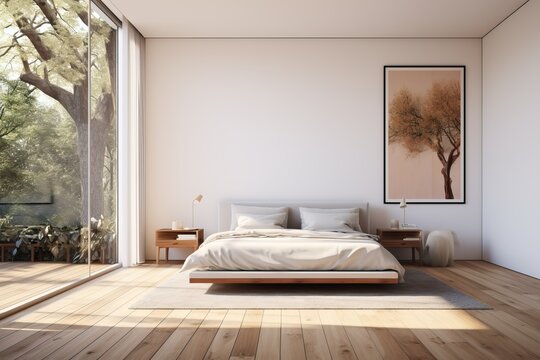 a bedroom with white walls and wood flooring the room has a large window that looks out onto the trees outside