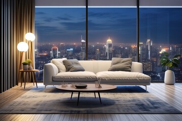 Living room with city view near glass window Sofa set with pillows Lamp on wooden table the wall is white The floor rug has a design.