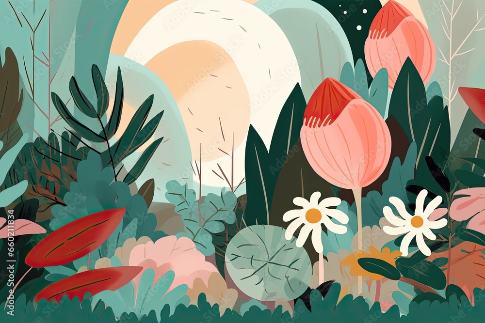 Poster abstract shapes background: calming garden scene with simple shapes illustrating a serene oasis, gen