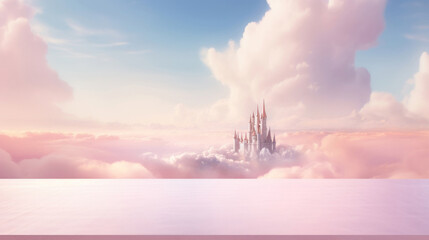 Fototapeta premium Empty table against a backdrop of soft pink clouds and a pastel fairytale castle in the distance
