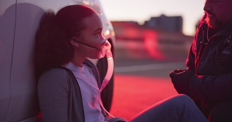 Breathing, mask and woman with paramedic, ambulance and care in emergency, crisis or health risk. Respiratory, first aid and person in cardiac arrest with oxygen, saving and medical support or help