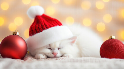 Fototapeta na wymiar Сute white kitten in santa hat sleeping on white sheet, Christmas blurred background