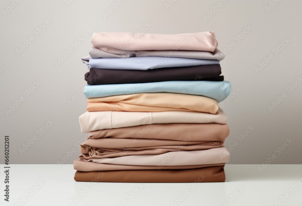 Aufkleber folded clothes in stacks of various simple colors placed on a table on a white background
