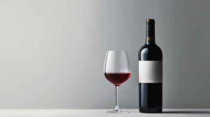 Red wine bottle with a glass on a simple gray empty background - obrazy, fototapety, plakaty