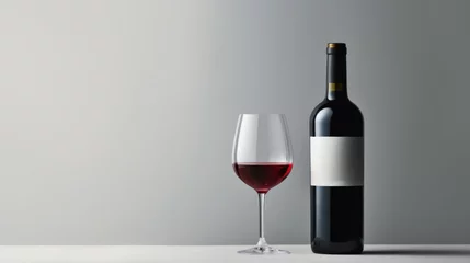 Fotobehang Red wine bottle with a glass on a simple gray empty background © tashechka