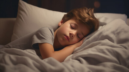 The boy sleeps in a bed with the lights dimmed.