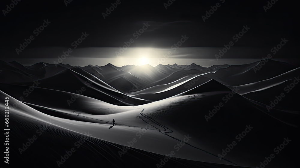 Poster a person wanders through a sandy desert in the sahara in black and white