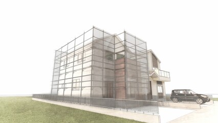 Fototapeta premium 戸建て住宅 外壁工事 足場あり（シートグレー） 