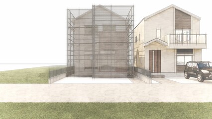 戸建て住宅　外壁工事　足場あり（シートグレー）　