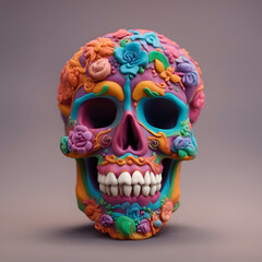 Colorful sugar skull on grey background. Halloween concept. 3D Rendering