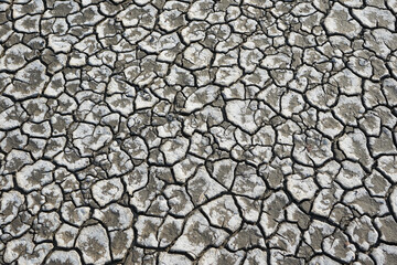 Cracked soil due to the long dry season. Rivers, lakes or ponds can dry and crack like this to form an irregular circle or hexagon pattern. Droughts like this often occur in African countries. 
