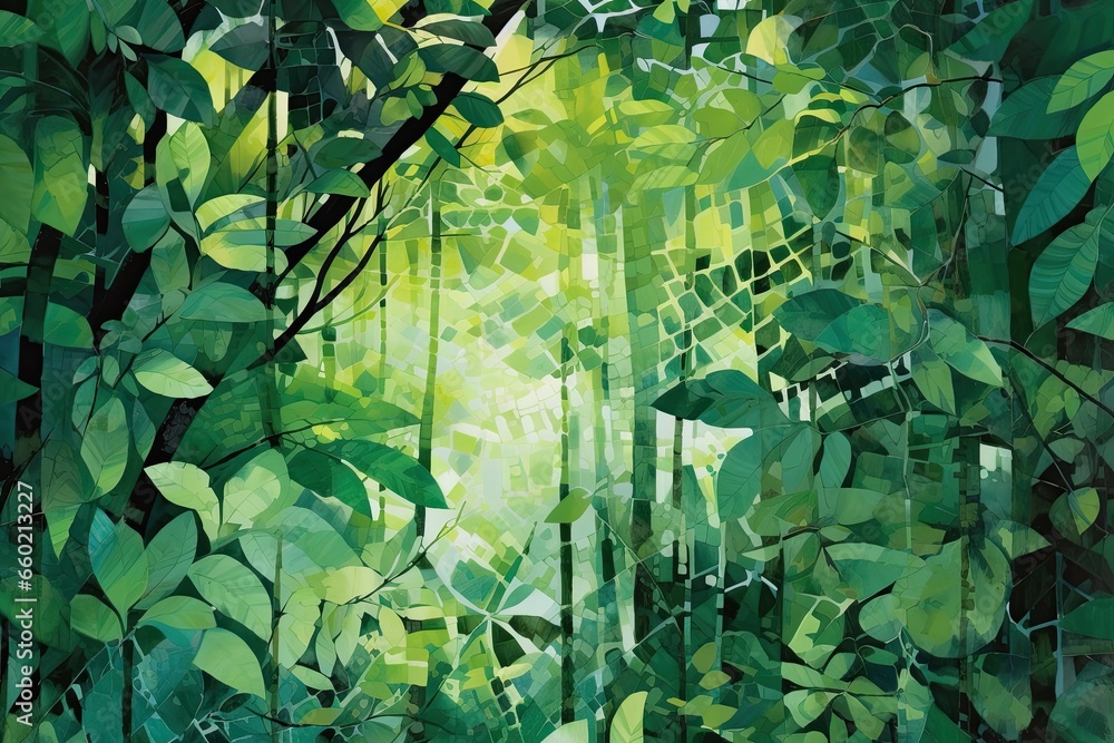 Poster green abstract background: overlapping shapes hinting at lush forest canopy - digital image, generat