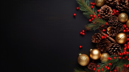 Background for Christmas and the New Year with fir branches, red and gold ornaments, pine cones, and berries. with copy space, the top view 8K.