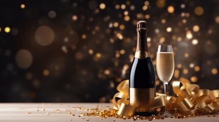 Background of a party featuring a golden champagne bottle, stars of confetti, and party streamers. Concept for a wedding, birthday, or Christmas. place a copy 8K.