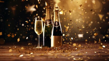 Background of a party featuring a golden champagne bottle, stars of confetti, and party streamers. Concept for a wedding, birthday, or Christmas. place a copy 8K.