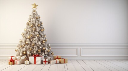 Big beautiful christmas tree decorated with beautiful shiny baubles and many different presents on wooden floor. White wall background with a lot of copy space for text 8K.