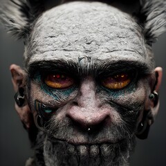 Badass Troll with grey charcoal skin and short whiskers dripping slim sythncore background cryptopunk Teeth big biopunk eyes unreal engine 5 octane render hyper realistic post processing 