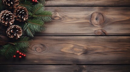 composition for Christmas. Pine cones, gifts, and branches of a Christmas fir tree on a rustic wooden background. Top view of a flat lay. the space bar 8K.