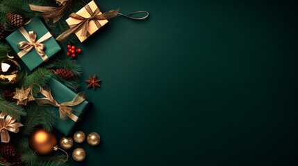 Flat lay of Christmas presents and ornaments on a dark green background 8K.