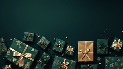 Flat lay of Christmas presents and ornaments on a dark green background 8K.