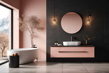 Obraz premium Modern minimalist bathroom interior, modern pink bathroom cabinet, white sink, wooden vanity, interior plants, bathroom accessories, black-white bathtub, panel wall, terrazzo flooring.3d rendering