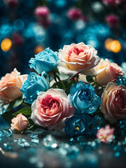 Bouquet of  blue and pastel yellow roses on bokeh background. Flower for Valentine's day. Roses for couple. Lover's flower. 
