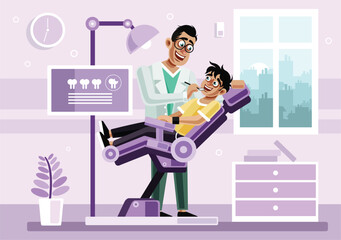 The child's dentist is examining the patient's teeth