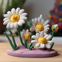 Plasticine daisies on wooden table. close up