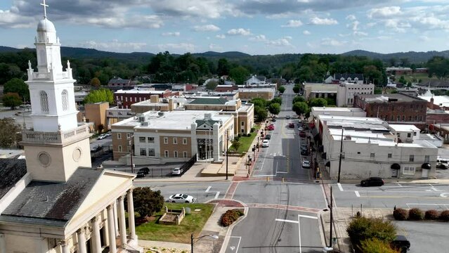 aerial pullout over first baptist church in lenoir nc, north carolina