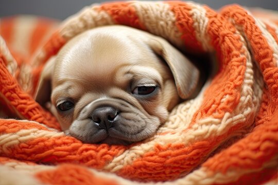 Pug Newborn: Peacefully Lying on Cozy Blanket - Adorable Image of a Serene Baby Pug, generative AI