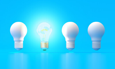 3d illustration of bright blub outstanding from white bulb on blue background.