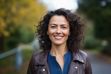 Middle aged Hispanic woman smiling, close up street portrait