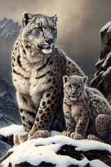 snow leopard mother and cub on a snowy mountain 