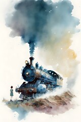 watercolor of a Pacific 231 steam locomotive child bedroom dreamlike child bedroom nostalgic memories surrealist 
