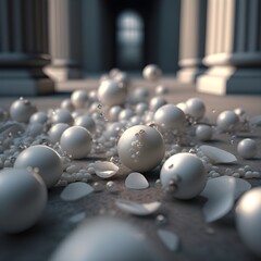lots of scattered baroque pearls on a concrete surface cinematographic white colors depth of field front view 