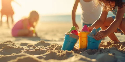  Kids playing at the beach in the sand and water, building sand castles, with short aperture focus — Children's portrait with sunshine and holiday vibes © dreamalittledream