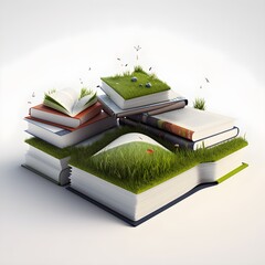 books germinate on a lawn very complex books detail parts old tech wide shot proffesional studio white background Very intricate details High resolution Photorealistic lighting 8K  - obrazy, fototapety, plakaty