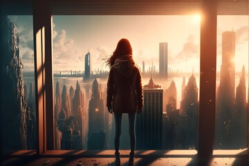 a teen girl looking at a futuristic skyline ultrarealistic photorealistic photography soft light 4k sunlight extreme realistic cinematic light horror film kodak 500t full body light enters through  - obrazy, fototapety, plakaty