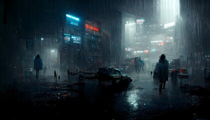 Somewhere out in the darkness its always raining at night its hunting me horror scifi cyberpunk HDR fine detailed cinematic lighting flickering light photorealistic concept art hyper realistic  - obrazy, fototapety, plakaty