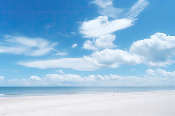 A serene beach scene with clear blue skies and fluffy white clouds