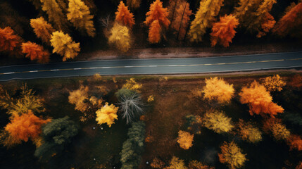 Aerial view of road in colorful forest at sunset in autumn. Top view from drone of mountain road in woods. Beautiful landscape with roadway, blue sky, trees with red and orange leaves in fall. Travel.