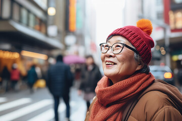 Senior Asian woman fall winter city lifestyle. Urban street portrait