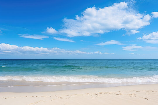 A picturesque sandy beach with gentle waves lapping at the shore