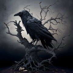 gothic photorealistic dead raven creepy tree in background  - obrazy, fototapety, plakaty