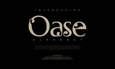 Oase premium luxury elegant alphabet letters and numbers. Elegant wedding typography classic serif font decorative vintage retro. Creative vector illustration