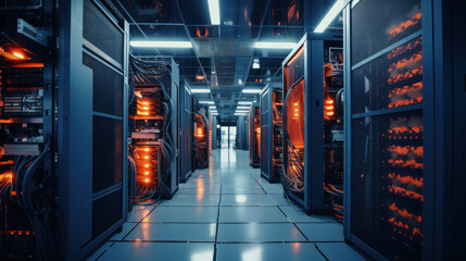 Shot of Corridor in Working Data Center Full of Rack Servers and Supercomputers with High Internet Visualisation Projection.