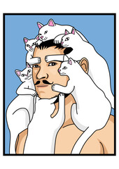 A man who is smiling and surrounded by a multitude of cats encircling his body and face in a vector cartoon illustration