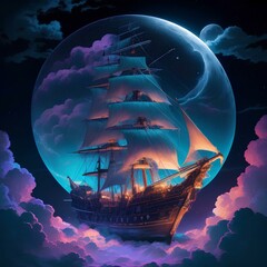 a tall pirate ship flys across moonlit sky, created by ai generated