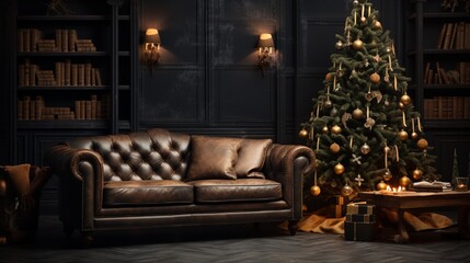 Christmas interior design in a traditional, dark aesthetic featuring a leather sofa and adorned Christmas tree 8K.