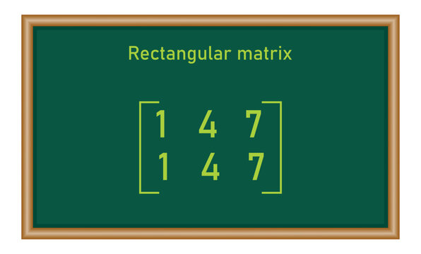 Rectangular matrix. Types of matrices in mathematics. Vector illustration isolated on chalkboard.